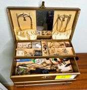 Vintage Jewelry Box w/ Jewelry Assortment- chains, earrings, necklaces, bracelets