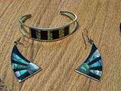 Vintage Abalone Mexican Silver Jewelry Lot with Wood Box – Earrings, Cuff, & Pendants