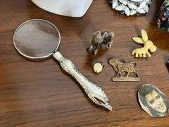 Mixed Lot of Collectibles: Magnifying Glass, Jewelry Box, Brooch, and More