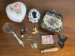 Mixed Lot of Collectibles: Magnifying Glass, Jewelry Box, Brooch, and More