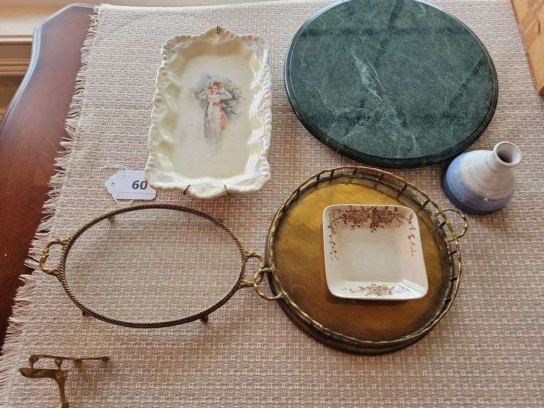 Marble Lazy Susan, Copper Tray, Glass Tray, Small Brass Easel, Ceramic/Pottery Pieces image