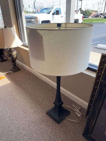 TALL BLACK METAL LAMP WITH  CREAM COLORED SHADE image