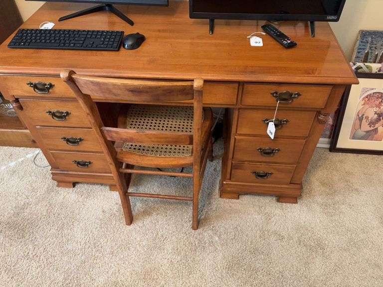 Tell City kneehole desk w/ walnut cane seat chair image