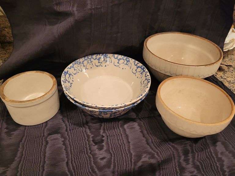 uhl Pottery Co. Small Crock (cracks), Spongeware Pottery Bowls, USA Pottery Bowls, image