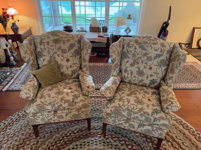 Pr of matching upholstered wingback chairs image