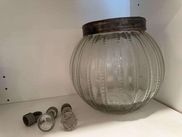 Clear glass canister with metal lid, 2 bottle stoppers image