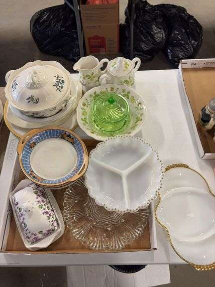 Green glass covered dish, fire king, iron stone , clear egg plate, misc image