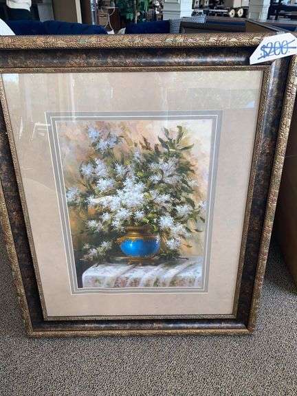 PAIR OF MATTED FLORAL IN VASES 34.5”w x 40.5”w, MATTEDVLEAF PICTURE 35”w x 35.5”h, MATTED CIRCLES 34.75”w x 35”h image