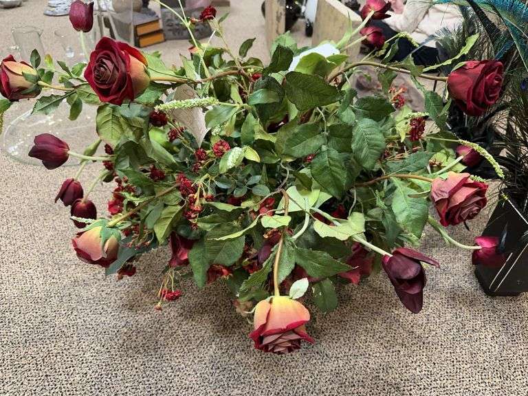 Large velvet rose arrangement,pair of vases with peacock feather image