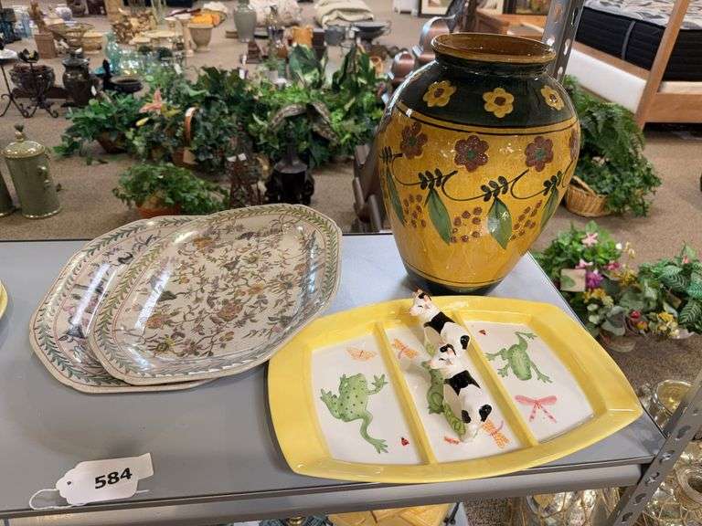 2 Asian platters, Gibson dishware, large ceramic vase, two cow napkin holders frog divided tray image
