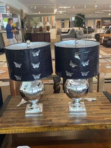 PAIR OF JANE SEYMOUR DESIGNS SELECT LAMPS, SILVER BASE, BUTTERFLY SHADES image
