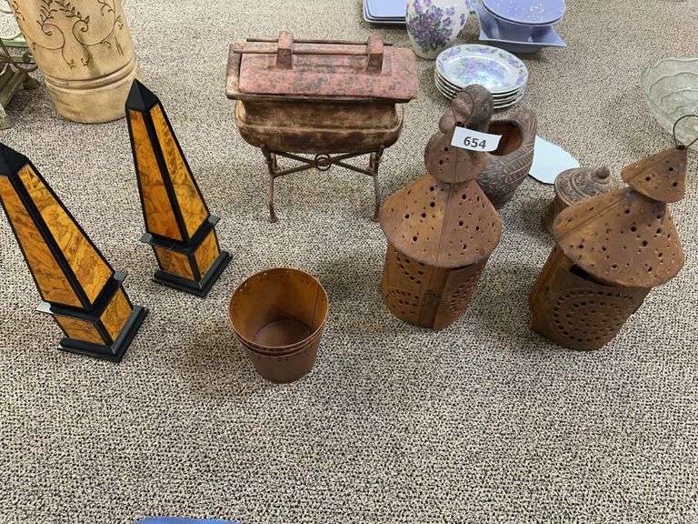Metal decor lantern, 3 metal pots, clay duck, clay lidded box, pair of decorative columns, metal pot on stand image