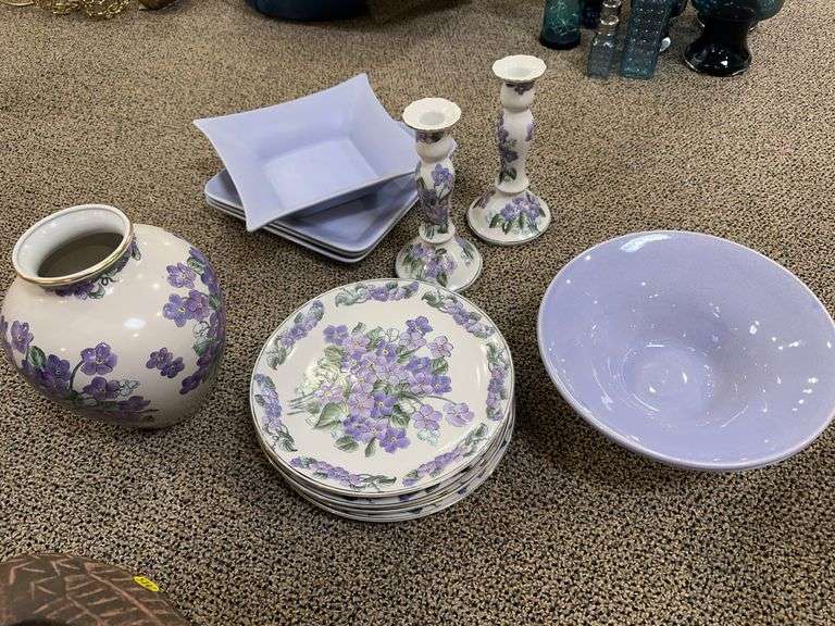5 Andrea decorative china plates with matching vase and pair of candle holders, 2 purple crackle bowls, Caslain square bowl and 4 lavender square plates image