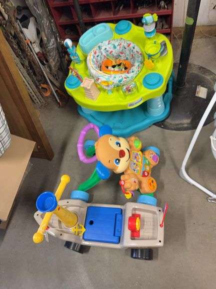 Baby exersaucer, little tike ride on boat, push bear
