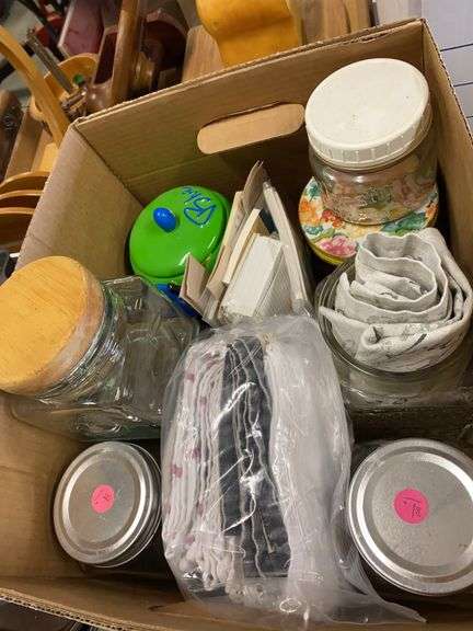 Kitchen canisters, towels, trays, bunny cake pan, miscellaneous image