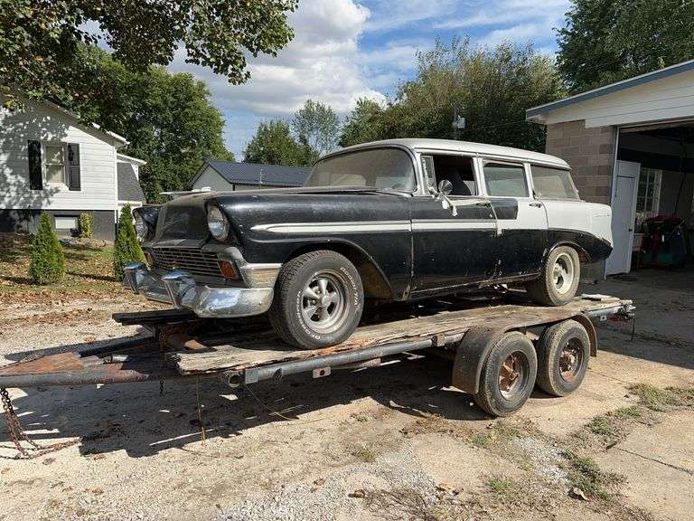 1956 Chevrolet Belair 9 Passenger project car on double axle homemade trailer image