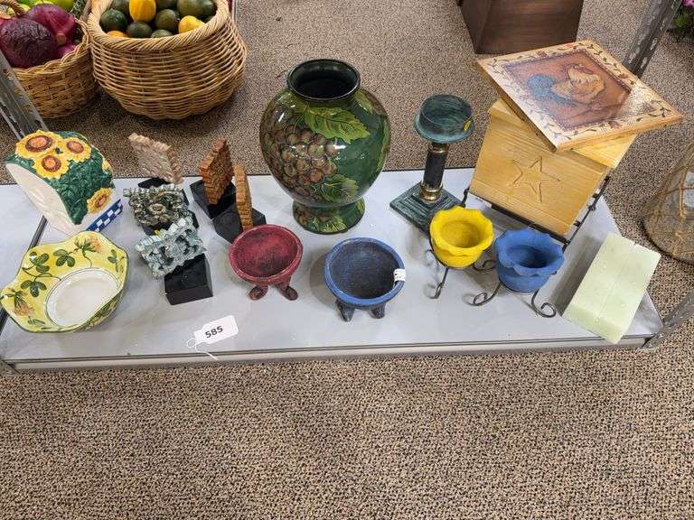 Vases, bowls, sunflower cookie jar, wood box, candles, print image