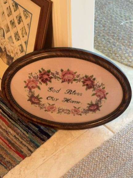 Antique god bless this home needle point, framed print image