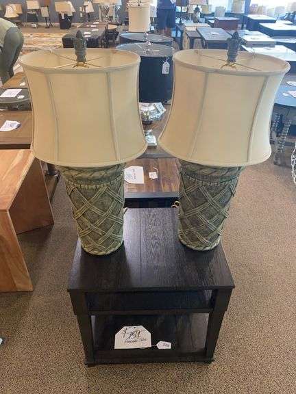 PAIR OF 31.5” TABLE LAMPS, GREEN BASE WITH WOVEN DESIGN image