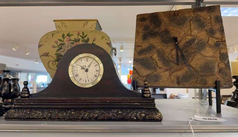 2 mantle clocks, decorative clock, misc decor, tray with creamer & sugar image