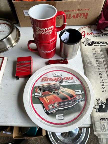 Snap-On collector items: wall clock, cup, knife, toolbox measuring tape image