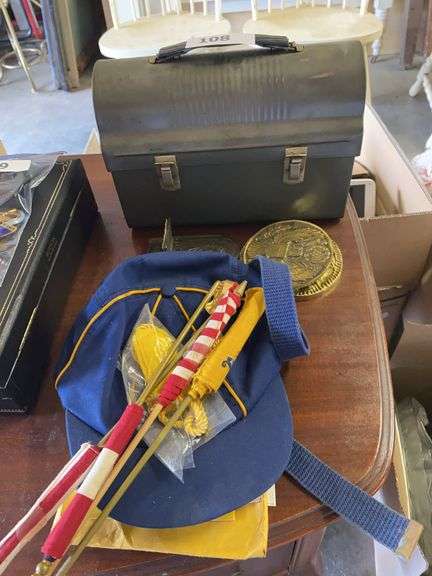 Vintage lunch box, Boy Scout items, trivets image