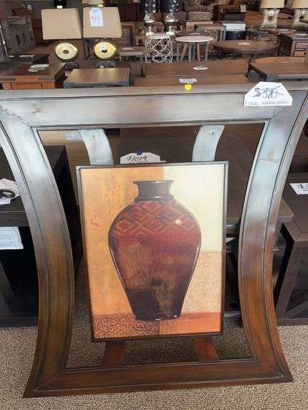 LARGE METAL URN WALL HANGING , LARGE METAL GRAPE VINE WALL HANGING AND LARGE WOODEN ABSRACT PICTURE image