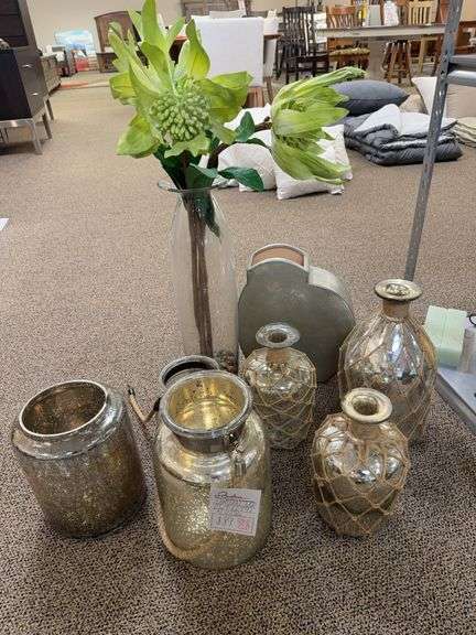 Mercury glass vases, lantern jar, artificial floral arrangement image