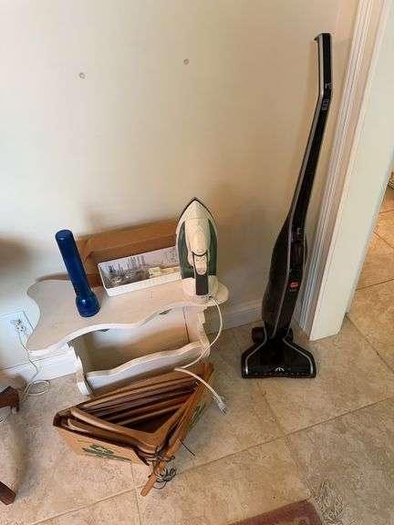 Wooden magazine table, wooden hangers, iron, flashlight, tray shelf, Hoover Linx Tunnel wind tunnel cordless vac (no charger) image
