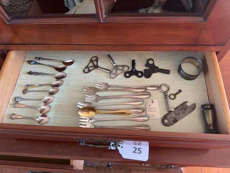 8 Clinton Silverplate cocktail forks, Silverplate spoons, keys, misc image