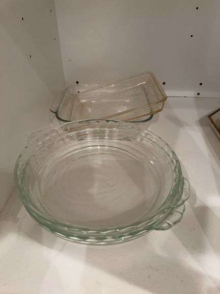 2 pie plates, 3 square baking dishes, fostoria type tray image