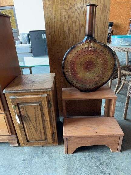 Oak Side table, Step Stool, metal decorative vase image