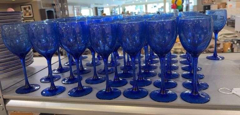 Blue glass stemware, Tienshan stoneware, pink glassware image