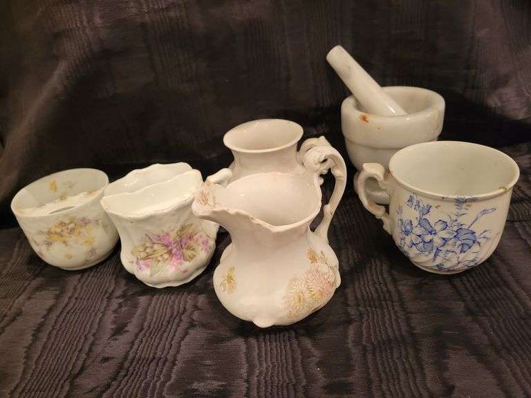 Marble Mortar and Pestle, Vintage Barbers Cups, Small Pitchers, Cup image