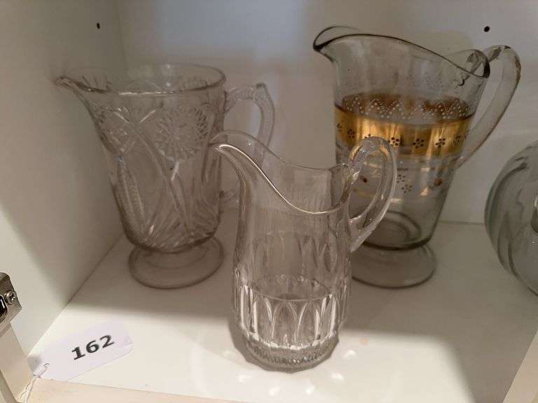 Victorian enameled pitcher, McKee glass pitcher, small clear glass pitcher image