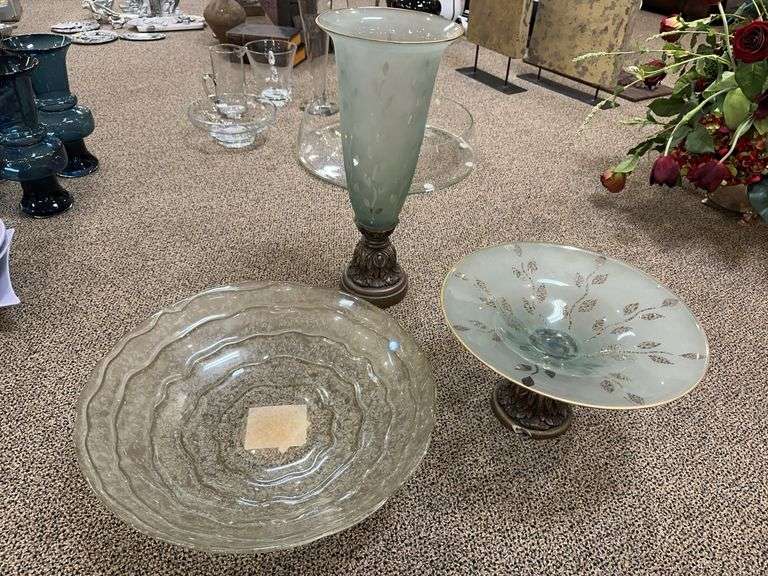 Large glass bowl, etched frosted glass vase with matching pedestal dish (base is damaged) image