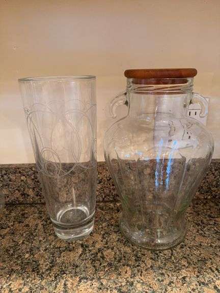 12" Waterford vase, glass jar with wood lid image