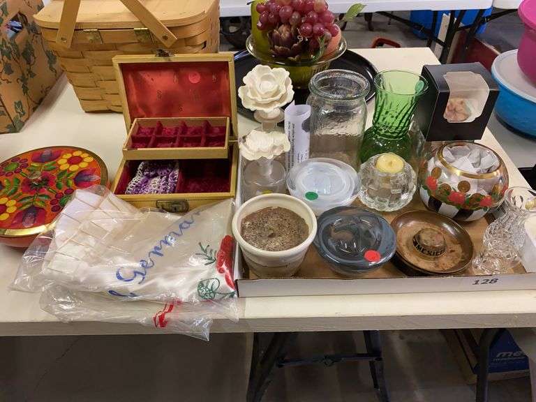 Knick knacks, vases, candle holders, jewelry box, German tin and pillow cases image