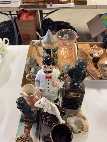 Pink etched ice bucket, figurines, stein, misc image