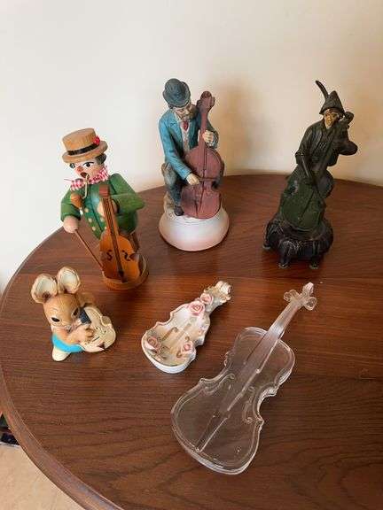 Clear glass violin, musical figurine, German incense burner of man playing violin, china violin dish, hand painted Tinker Ware” bunny, bronze boy playing violin image