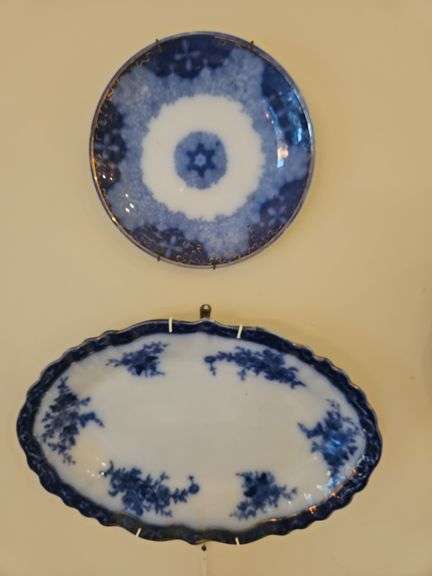 7 Blue and White China Plates, including 2 Flow Blue plates image
