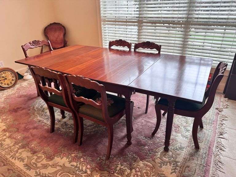 Willett drop leaf dining table with spindle legs 5 roseback chairs with needlepoint seats and 1 captains chair image