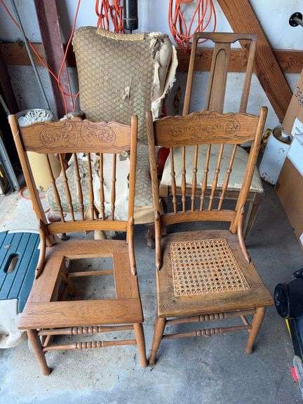 2 oak pressed back chairs, 2 vintage chairs image