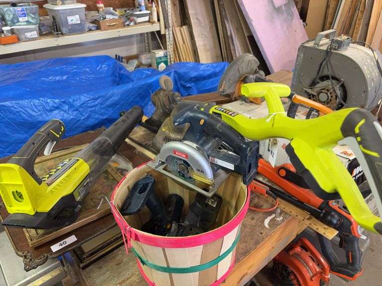 Ryobi cordless blower, weed trimmer, saw, drill, battery’ & charger