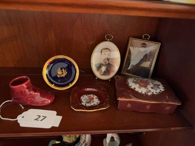 Covered box & dish marked Germany, 2 antique photos, mini plate, ceramic shoe image