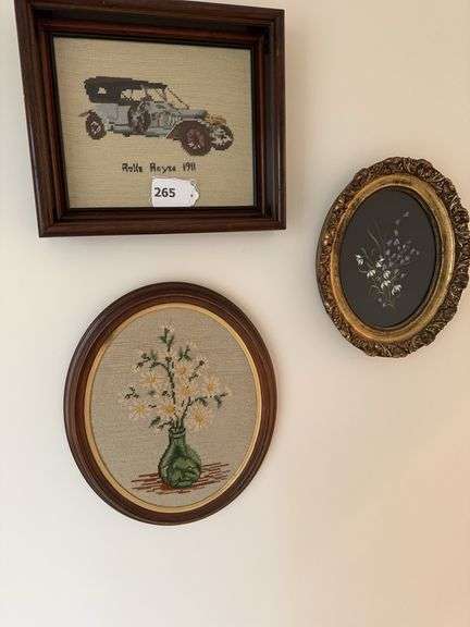 2- needlepoint pictures  14 X 12 - 16 X 13 .5  1 flower print. 13 X 11 image