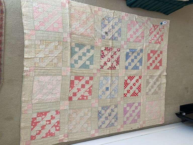 Vintage/antique quilt, fence and rail pattern, 64“ x 78“, wear and stain image