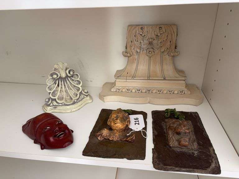 Small vintage shell sconce (plaster) , large wooden wall sconce , 2 vintage slate wall decor pieces and Asian folk art  laughing head wall decor image