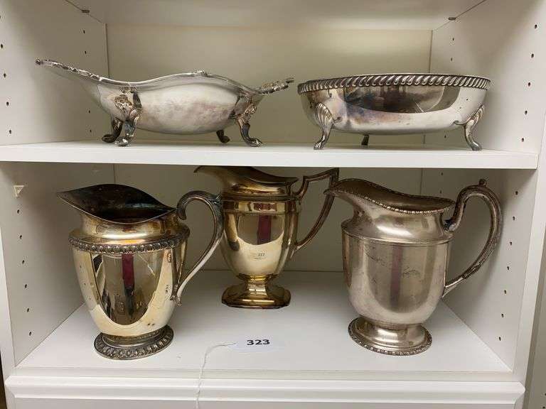 5 pieces of silver plate dishes, (3 pitchers, 2 footed bowls) image