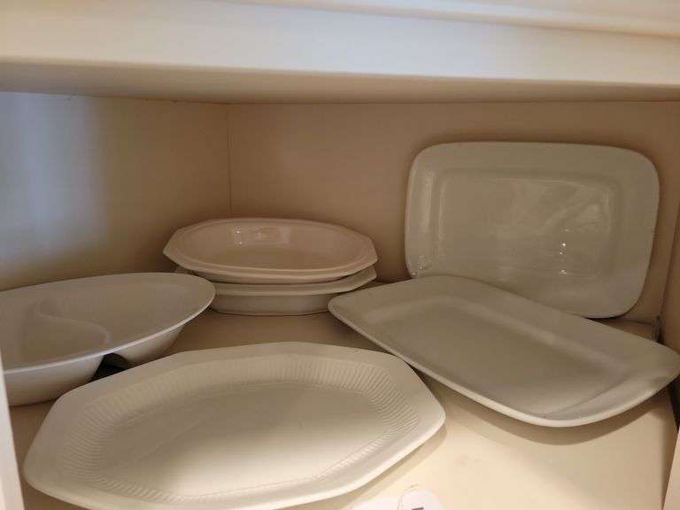 Claridge Ironstone Madison Split Casserole (Japan), 2 Pfaltzgraff Heritage White Oval Casseroles, Wm Adams & Sons Ironstone Micratex Platter, Alfred Meakin and J & G Meakin Ironstone Platters (England) image